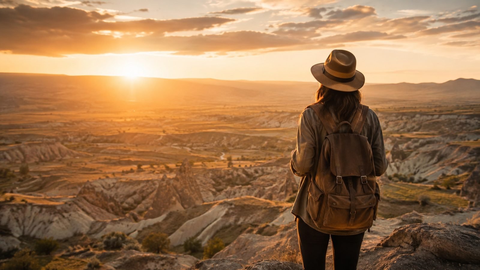 Viajante de mochila e chapéu, de costas, contempla um amplo vale ao pôr do sol.